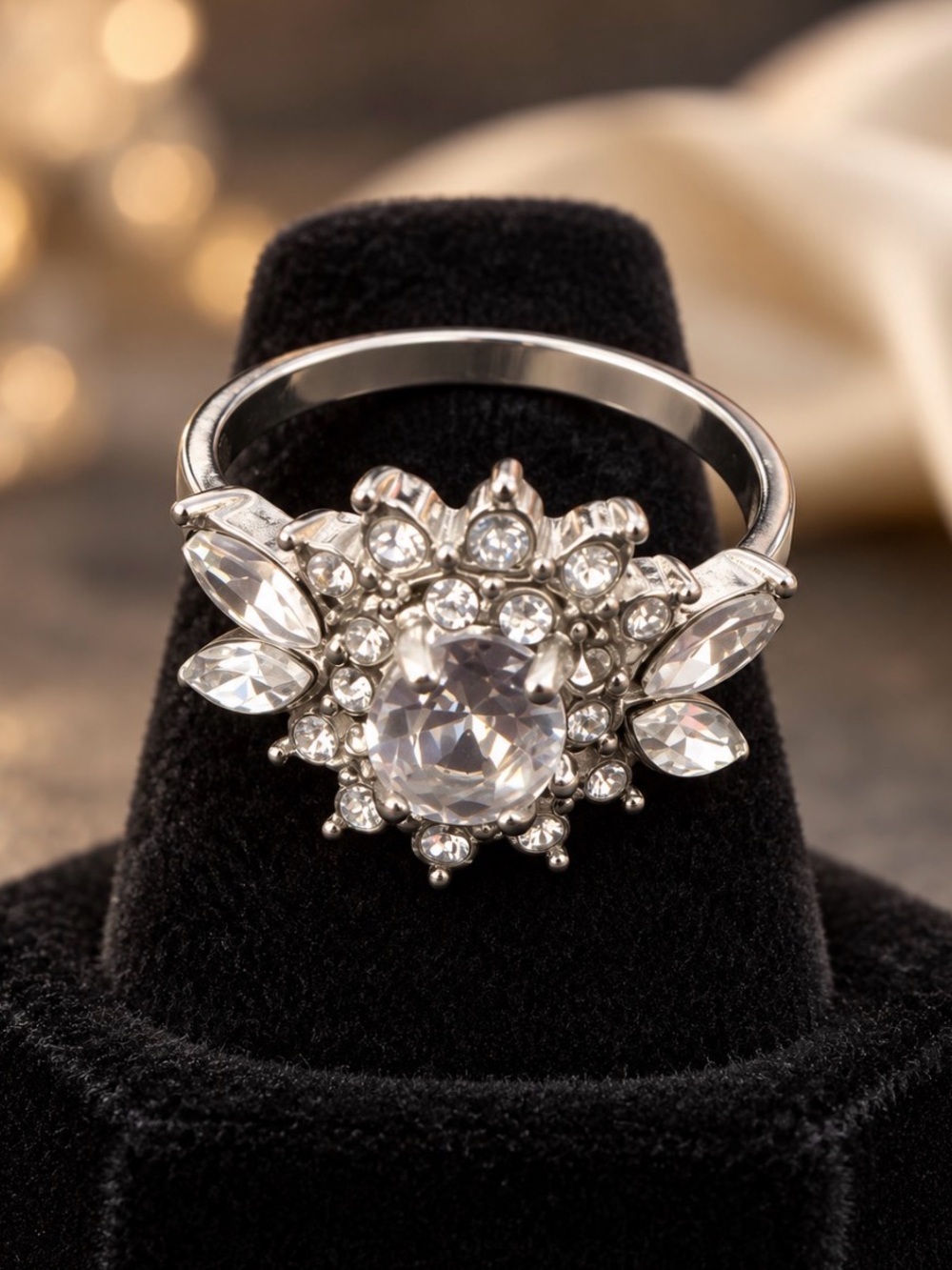 Silver Crystal Floral Statement Ring - Clear